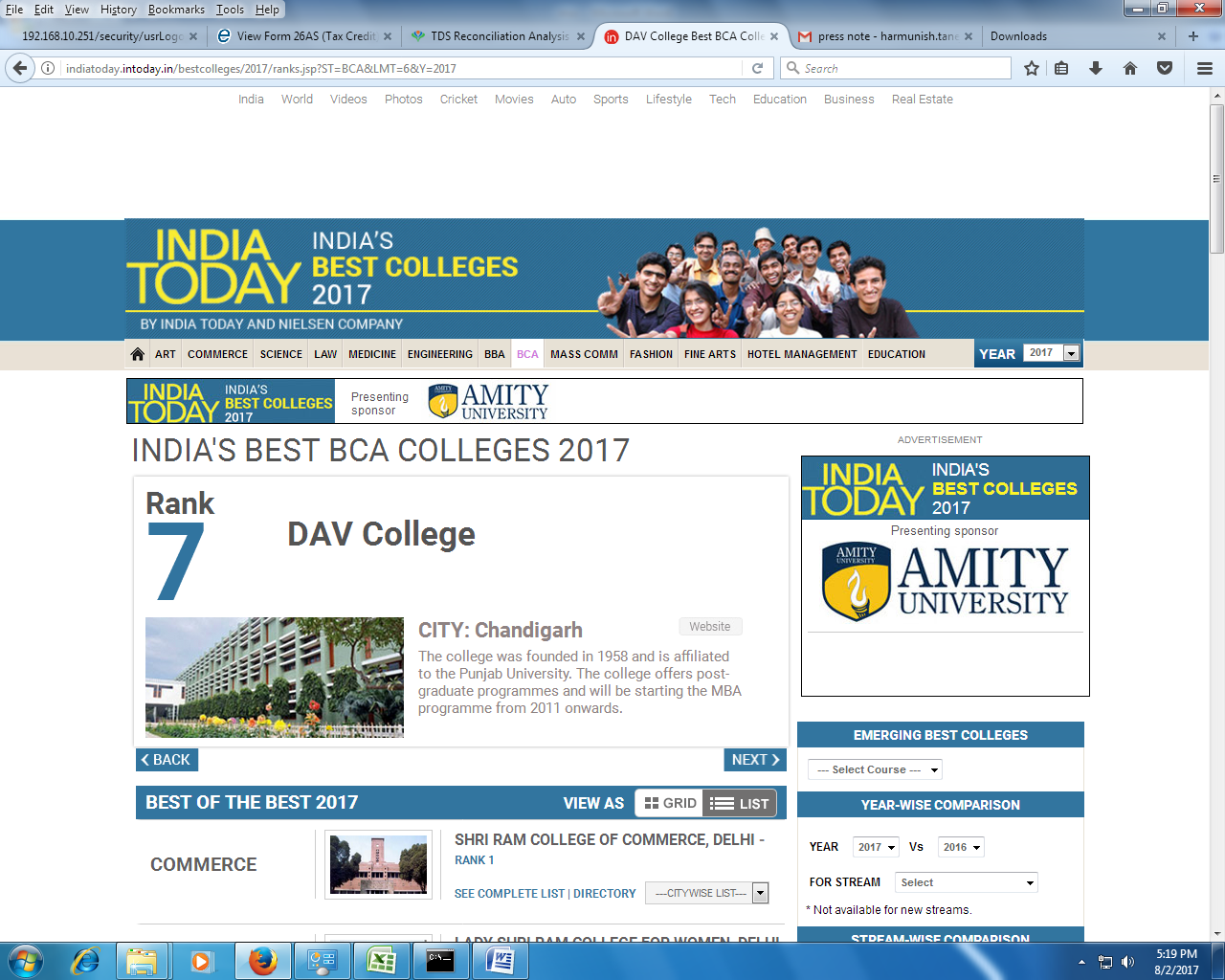 DAV College Chandigarh ranked 07 among best BCA colleges 2017