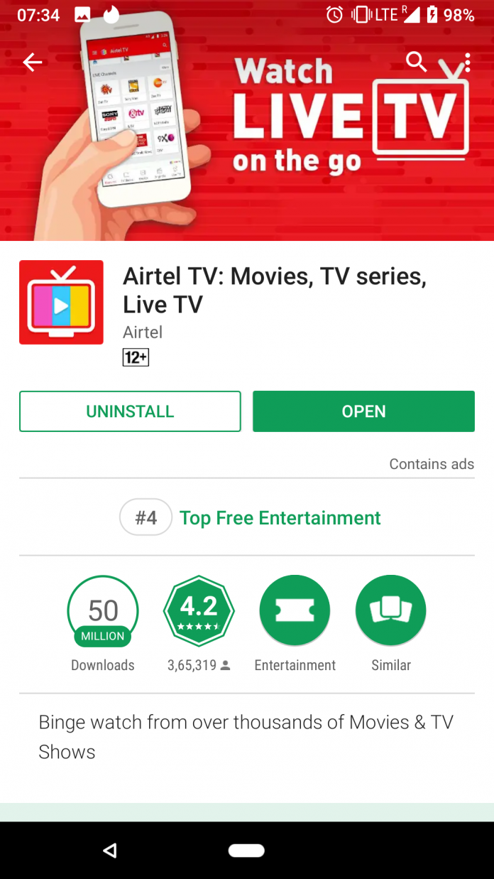 Airtel TV app now has over 50 million users on Android Platform
